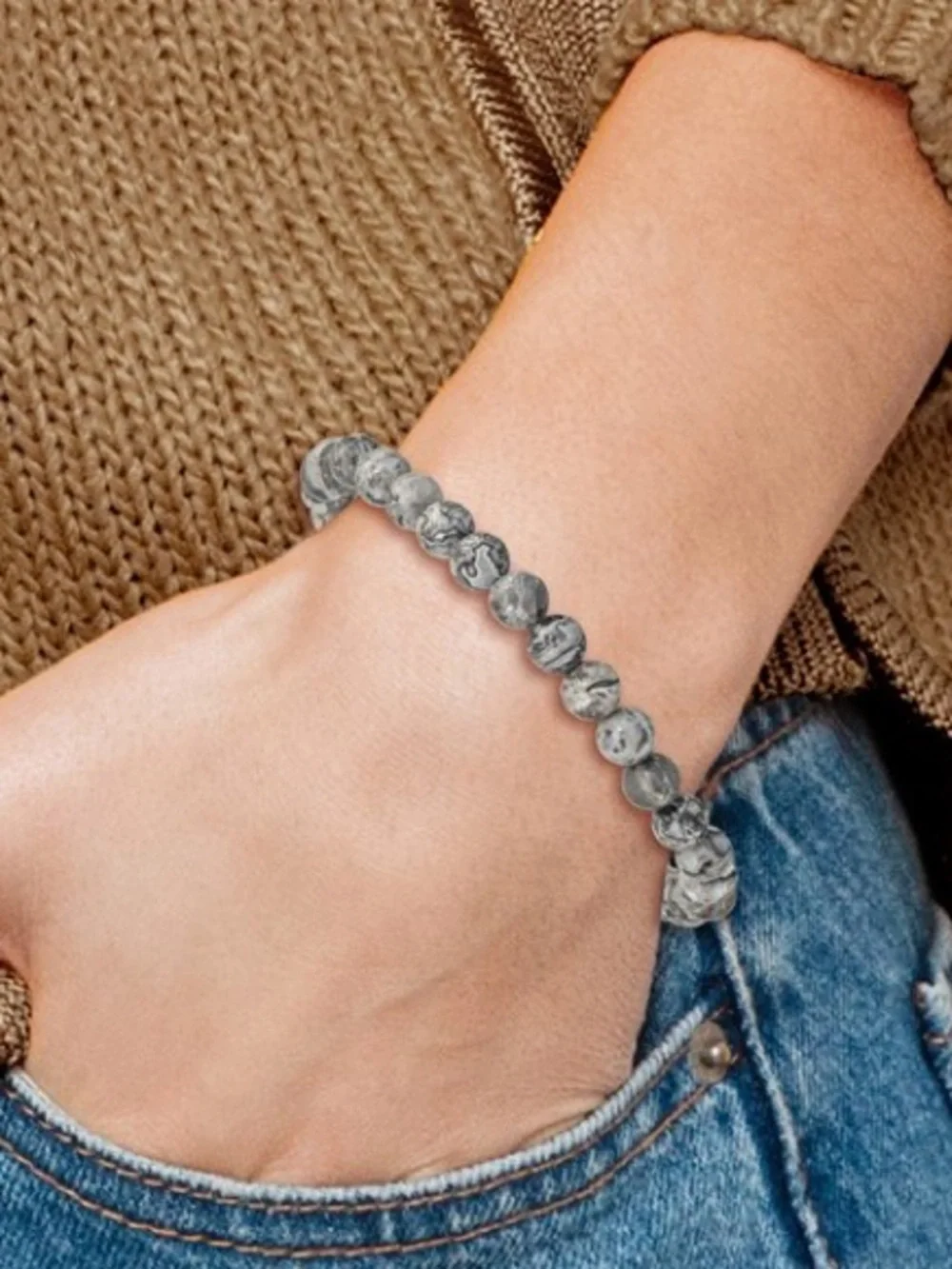 Grey Jasper Gemstone Bead Bracelet 6mm Stainless Steel Polished Stretch 7.75